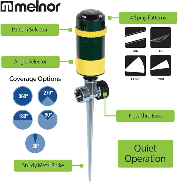 Melnor 65189AMZ Turbo Rotary Sprinkler on Step Spike, 4 Spray Patterns, Covers Up to 68 Ft. Diameter, QuickConnect Set, Green/Yellow