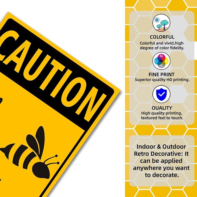 EMOHAT Caution Bees Stay Clear Metal Tin Sign, Aluminum Warning Sign, 8x12 Inch Bee Wall Decor for Garden & Yard, Rustic Farmhouse Outdoor Indoor Decor