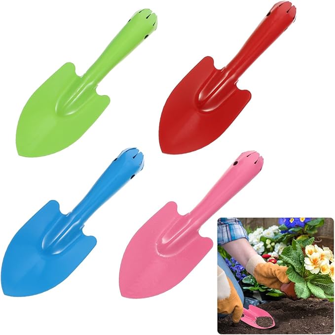 4 Pcs Small Garden Shovel Set, Colorful Metal Hand Trowel Dirt Spade, Mini Iron Digging Planting Tools for Kids Toddler Sandbox Beach Plant