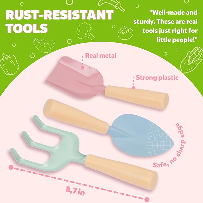 Kids Gardening Set – Toddler Gardening Kit Includes Watering Can for Kids, Shovel, Rake, Plant Stakes, Kids Gardening Gloves, Tote Bag & STEM Learning Gardening Guide Book - Pink Garden Tool Set