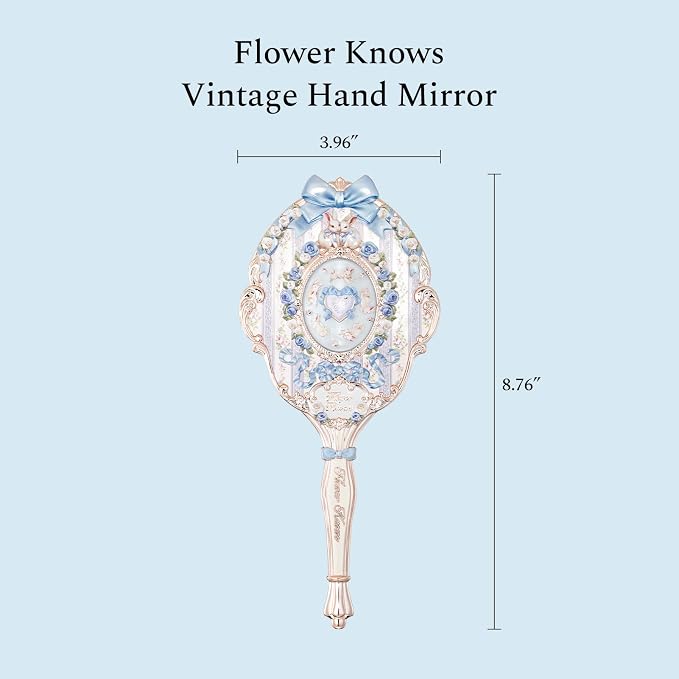 Flower Knows Bunny Garden Collection Hand Mirror,Vintage Portable Handheld Mirror,Fancy & Pretty Princess Mirror with Long Handle,Gift for Girls(Cloudy Blue)