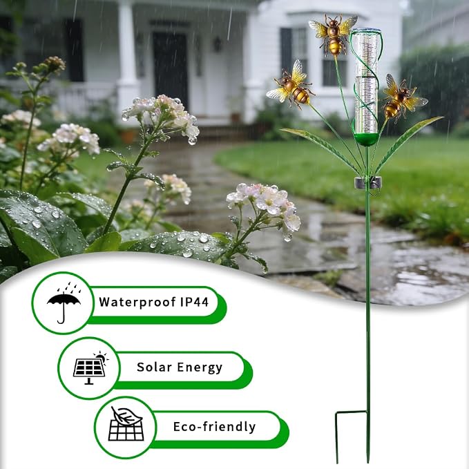Solar Rain Gauge with 7-Inch Plastic Tube, Bee Rain Gauge Outdoor-Decorative Rain Water Gauges Garden Stake for Yard, Lawn, Patio