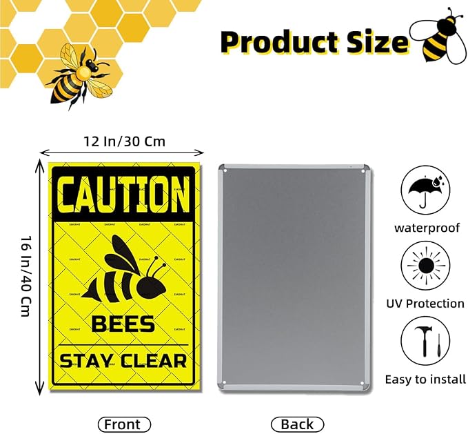 EMOHAT Caution Bees Stay Clear Metal Tin Sign, Farmhouse Retro Wall Decor for Outdoor Bees Premises,16x12 Inch Funny Warning Sign for Farm Cafe People Cave