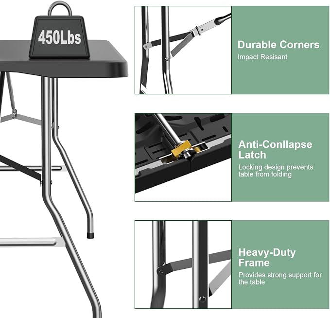 6FT Folding Tables – Heavy Duty Portable Foldable Picnic Table with Built-in Handle, 450 lb Capacity – Ideal for Events, Parties, Crafts, Camping & Dining (6-Pack, Black)
