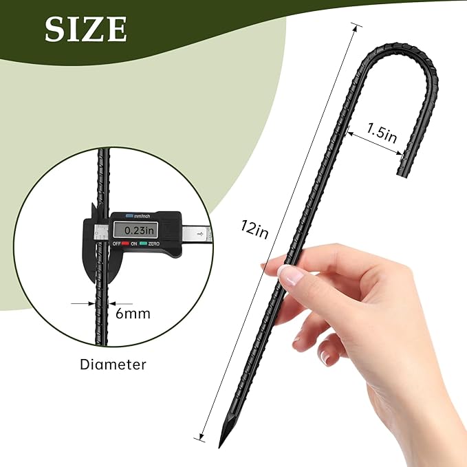 12 Inch Rebar Stakes, J Hook Ground Stakes 6 Pack Black Ground Anchors for Tent Heavy Duty for Plants Anti-Rust Landscape Fabric Artificial Turf