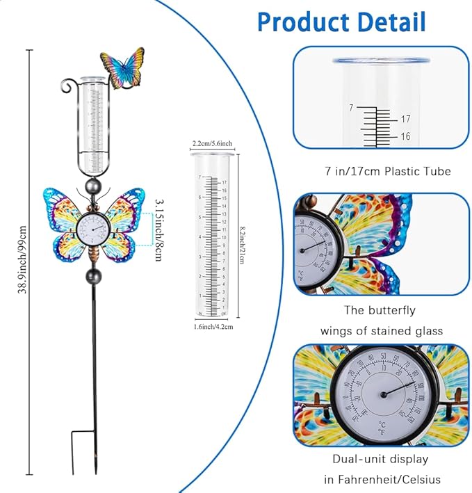 Rain Gauge Outdoor with 7 Inch Tube, Rain Gauges with Thermometer Waterproof Measure Gauge Decor for Yard, Garden, Lawn(Butterfly)
