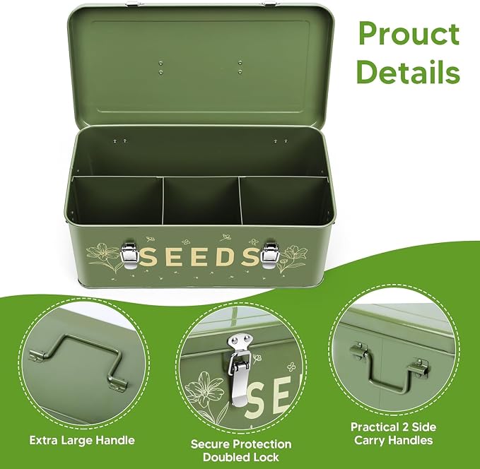 Seed Storage Organizer Box with 4 Compartments, Metal Seed Saving Container with Lockable Lid and Safety Locks, Includes 50 Envelopes, 100 Plant Labels, 50 Clips and Marker (Olive Green)