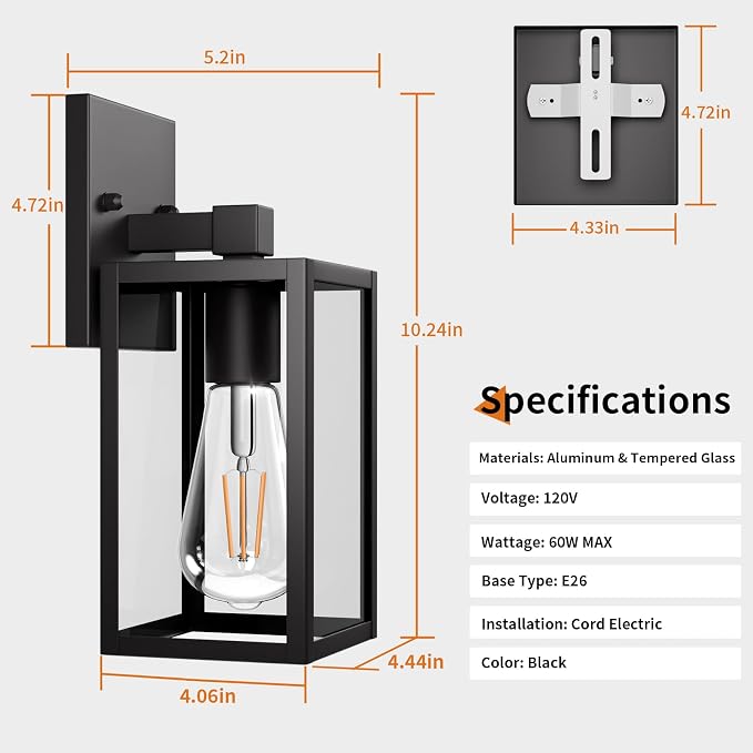 Outdoor Light Fixtures Wall Mount, Waterproof Front Porch Lights, Modern Exterior Lighting Fixtures with E26 Socket, Black Wall Sconces Lantern Lamp, Outside Lights for House, Garage, Patio (2 Pack）
