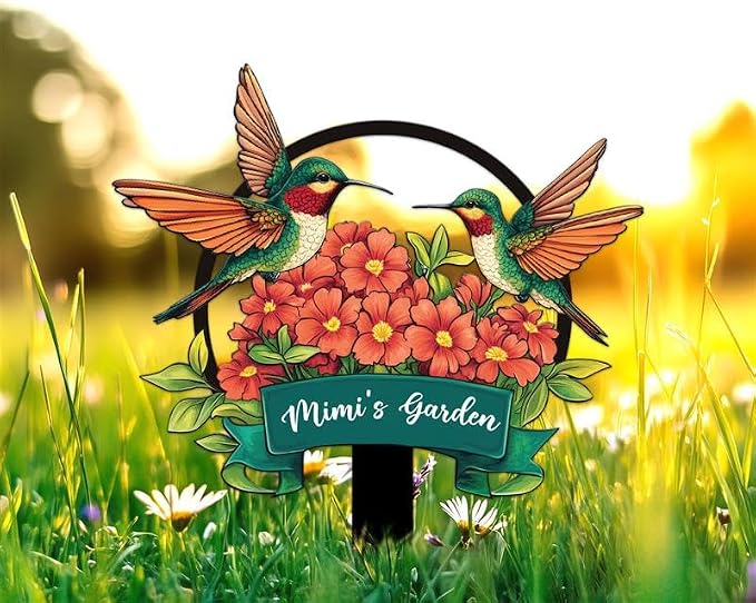 Personalized Metal Yard Sign for Mother's Day, Bird & Flower Design, Gift for Garden Lovers, Metal Sign, Garden Decor (Hummingbird)