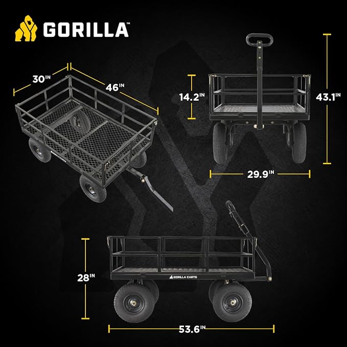 Gorilla Carts Steel Utility Cart, 9 Cu Ft Bed, 1200 lb Load Capacity, Black – Towable Heavy-Duty Outdoor Hauling Wagon with Removable Side Panels for Yard, Lawn, Garden or Landscaping