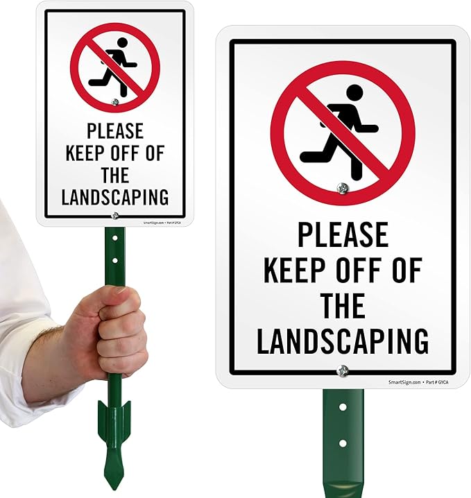 SmartSign 10 x 7 inch “Please Keep Off Of The Landscaping” LawnPuppy Yard Sign and 18 inch Stake Kit, 40 mil Laminated Rustproof Aluminum, Red, Black and White, Set of 1