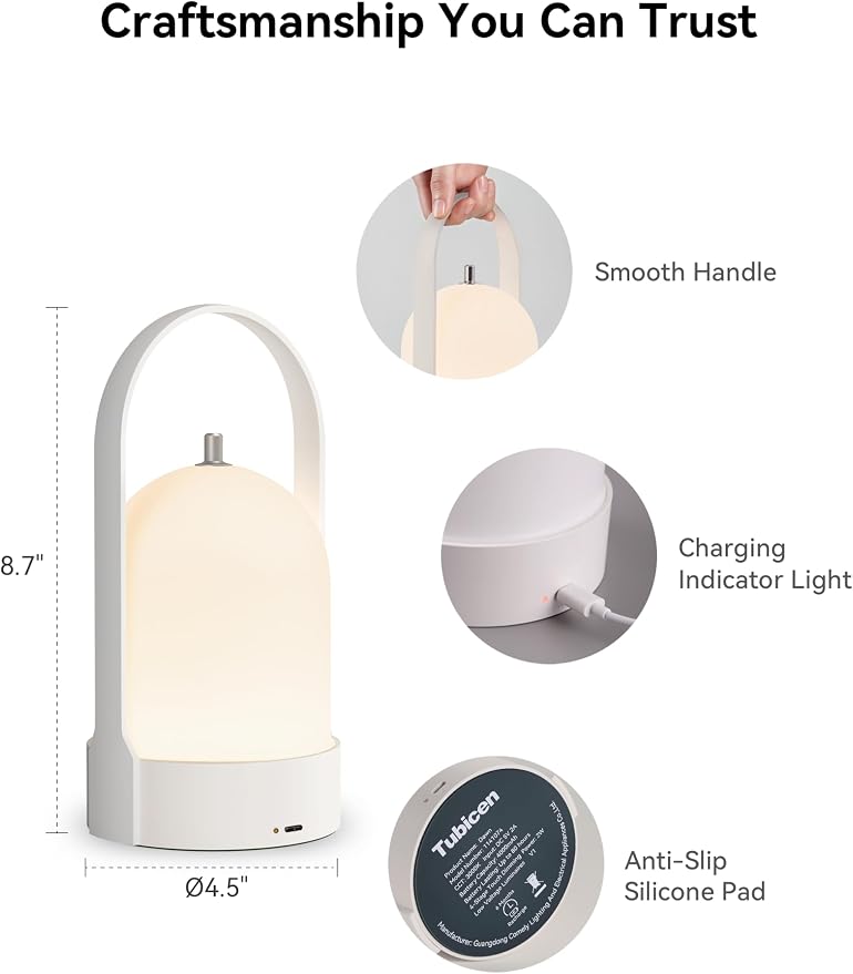 Tubicen Rechargeable Table Lamp Portable 4000mAh Battery Operated Lamp Camping Lantern 4-Level Touch Dimmable Cordless LED Table Night Lamp for Bedroom Dining Room Kitchen Balcony Restaurant