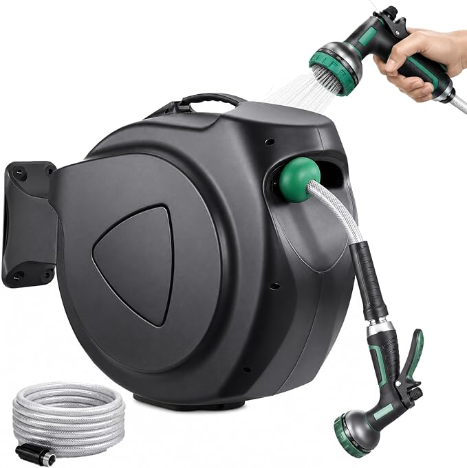 Retractable Garden Hose Reel, 78FT Wall Mounted Auto Rewind Water Hose Reel with 180° Swivel Bracket, Any Length Lock, Kink-Free Hose Guide, Multi-Pattern Spray Nozzle for Yard, Lawn & Outdoor