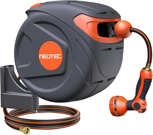 New Retractable Garden Hose Reel 1/2 inch x 65 ft 9 Pattern Nozzle Wall-Mounted Any Length Lock Automatic Slow Return 180° Swivel UV Resistant Heavy Duty Hose Reels for Outside
