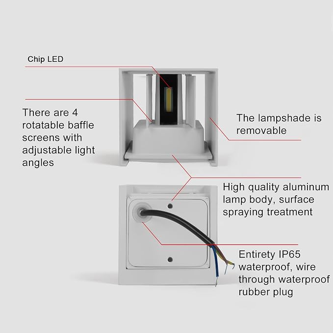 2 PCS 12W Outdoor Sconces Wall Lights LED Exterior/Interior Up and Down Lights IP65 Waterproof Modern Outdoor Lighting Fixtures Square Aluminum Exterior Wall Mount Light White 6500K Cold Lights