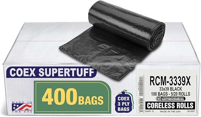 Aluf Plastics - COEX 3 Ply Garbage Bags, 33 Gallon, 1.5 Mil (eq), 33"x39", 400 Count (20 Rolls of 20)