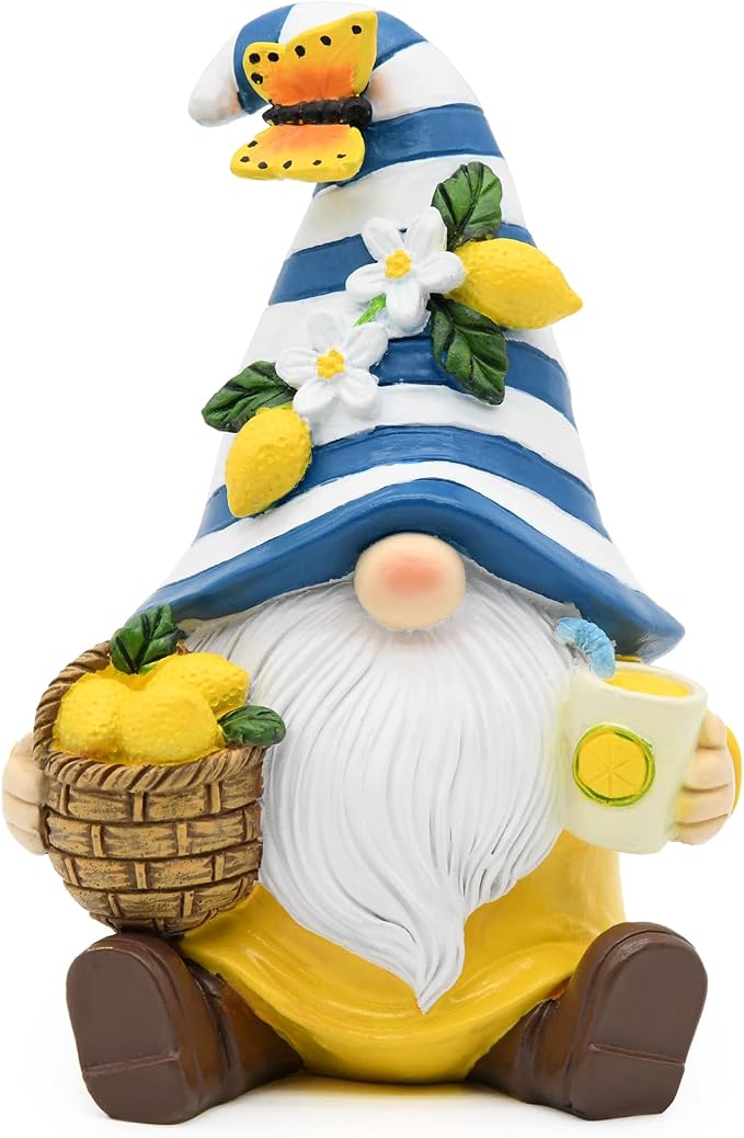 Lemon Decor Summer Garden Gnome, Mediterranean Decor Resin Figurines, Lemon Party Decoration for Home Kitchen Office Tiered Tray, Summer Gnomes Gifts