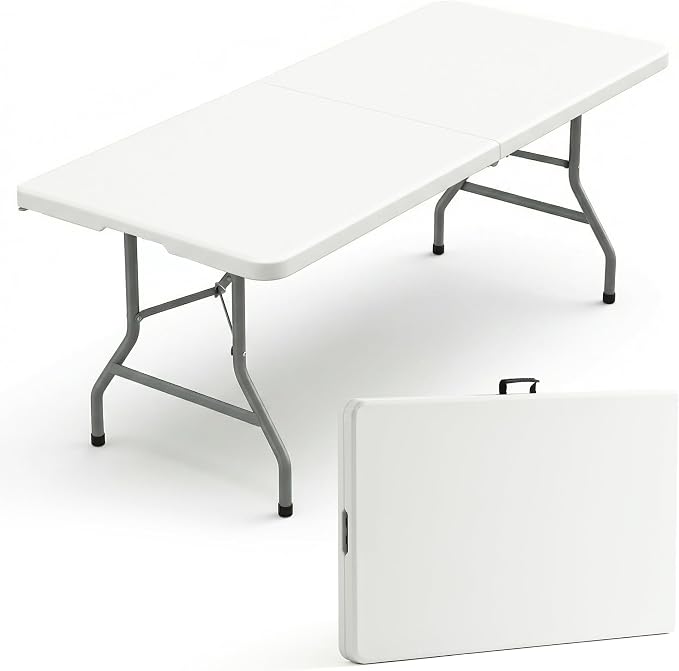 6 Foot Plastic Folding Table with Built in Handle & Steel Legs, 6 FT Portable Heavy Duty Plastic Folding Tables for Parties, Dining, Wedding, Events, Picnic, Indoor & Outdoor, Camping, Utility