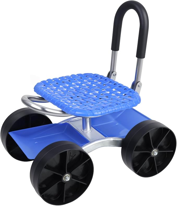 Cuteam Rolling Garden Seat, Utility Garden Stool with Flat Wheels, Foldable Lazy Seat Stool, Picking Rotary Tool Cart with Storage Shelf, Adjustable Height (Blue)