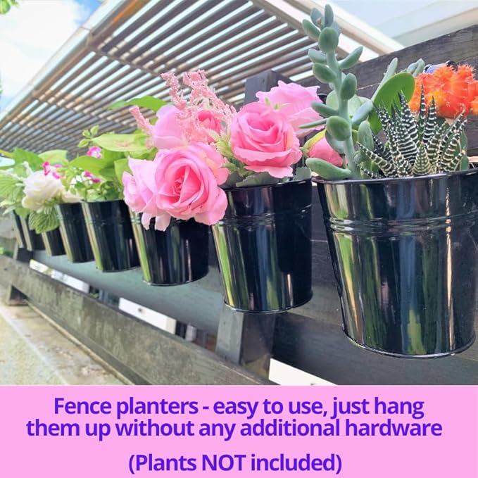 LaLaGreen Rail Planter (6 Inch, 12 Pack) Black Metal Hanging Flower Railing Fence Balcony Gardening for Apartment Patio Planters Outdoor Deck Modern Decoration Garden Style Iron Porch Decor Pots