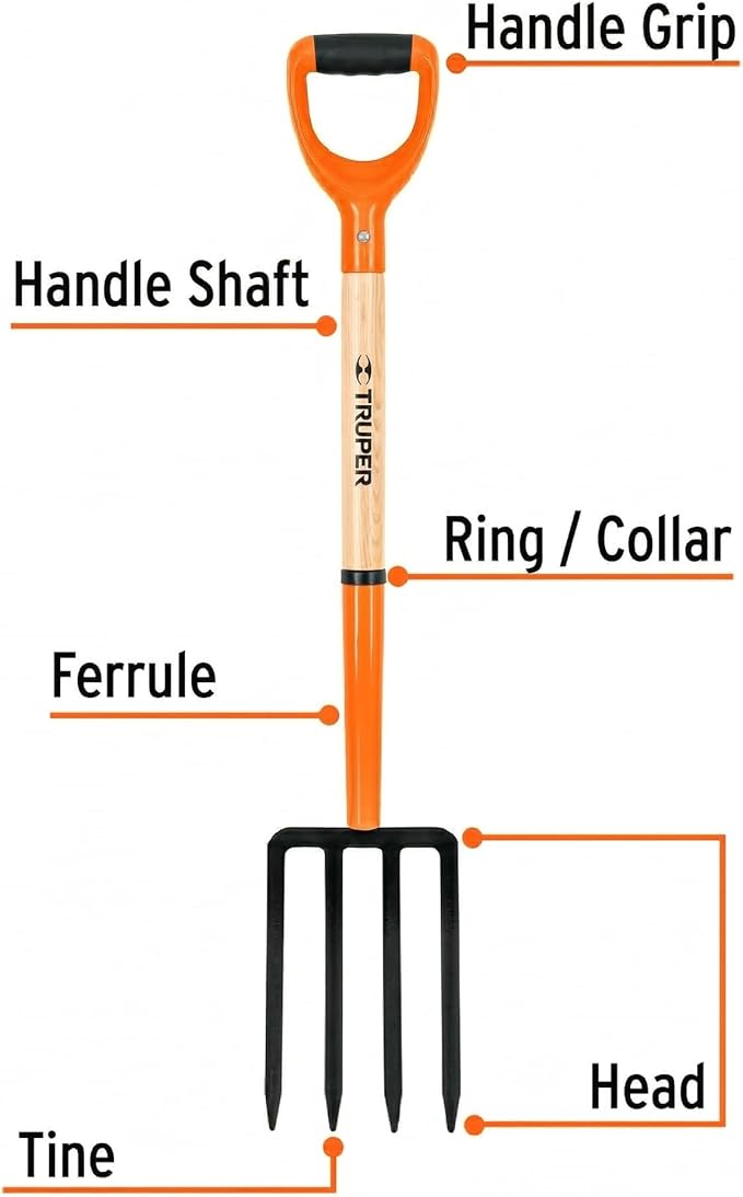 Truper Garden Fork, 4 Tines, 29-Inch Ash Wood Handle with Comfort Grip Y Handle, Forged One-Piece Steel Head (Model BJ-4P / 11018)
