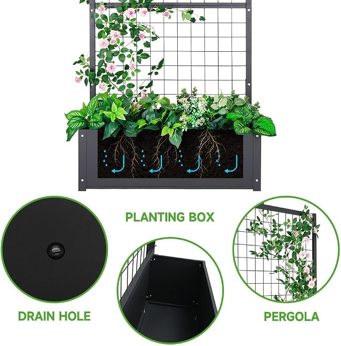 Garden Bed with Trellis Outdoor, Metal, 59in Tall | Metal Frame, 59in Tall Trellis for Climbing Plants, 12in Deep Planter, Drainage Holes, Privacy Screen, Garden Bed for Patio