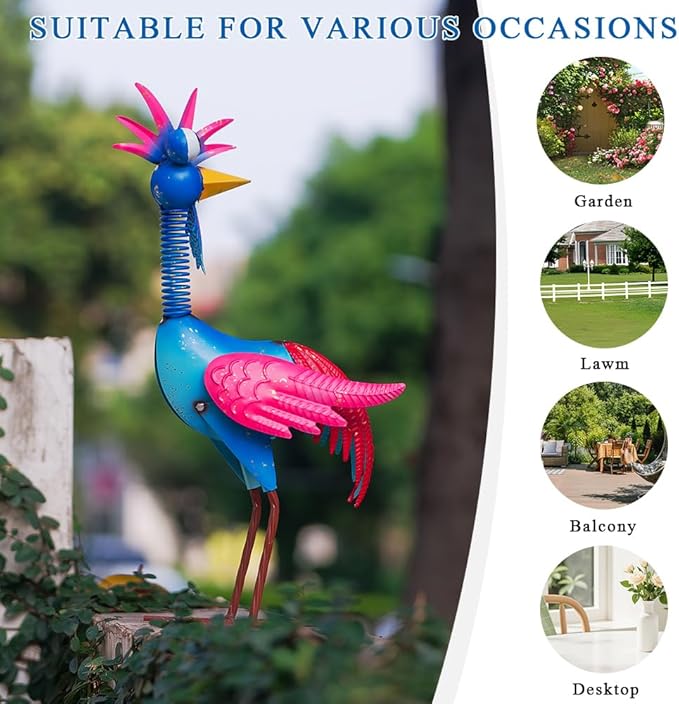 Metal Wacky Rooster Garden Statue, Rooster Decor Yard Statue Decorations Outdoor, Chicken Yard Art for Outside, Patio, Backyard, Lawn (Blue & Pink)
