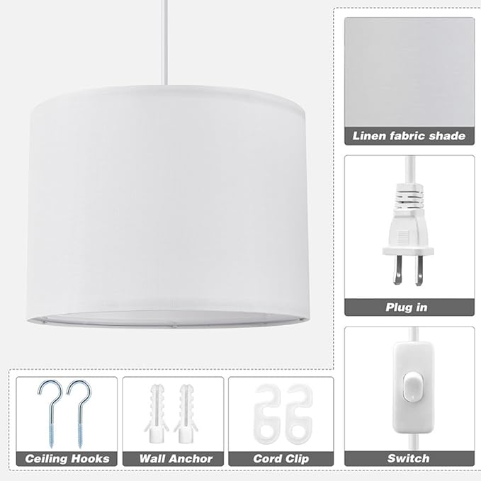 KUAUGST Plug in Pendant Light, 15 FT Hanging Lamp with Plug in Cord, On/Off Switch, Pendant Lighting with Fabric Shade, Hanging Light Fixture for Living Room, Bedroom, Dining Room, Kitchen (White)