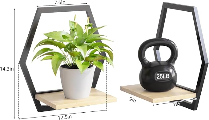 3 Pack Solid Wood & Metal Framework Wall Plant Stands,9 inch Natural Wood Shelf of Indoor,Mid Century Modern Hanging Planter for Outdoor Entryway 25 LB Load for Plants Black