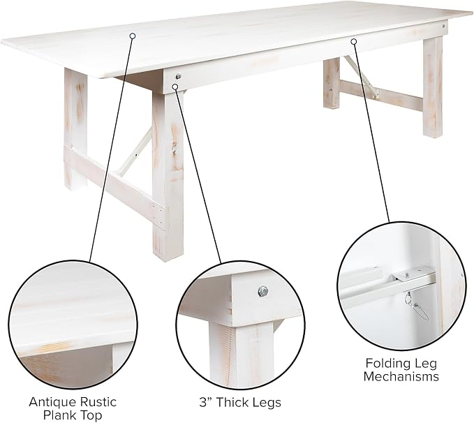Flash Furniture HERCULES Series 8' x 40" Rectangular Antique Rustic White Solid Pine Folding Farm Table