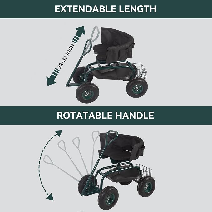 Rolling Garden Cart - Outdoor Workseat with Seat Cushions and Wheels, Heavy Duty Garden Tool Cart with Storage Bracket and Tool Tray for Yard, Planting Gardening Work (Green)