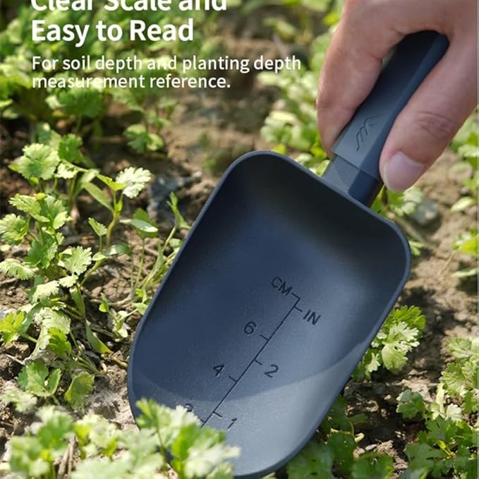JIMIHOME Aluminum Alloy Garden Soil Scoop - Heavy Duty Hand Trowel with Measurement Marks, Rust Resistant Shovel for Potting, Digging, Transplanting, Pet Food & Beach Sand - Minimalist Black