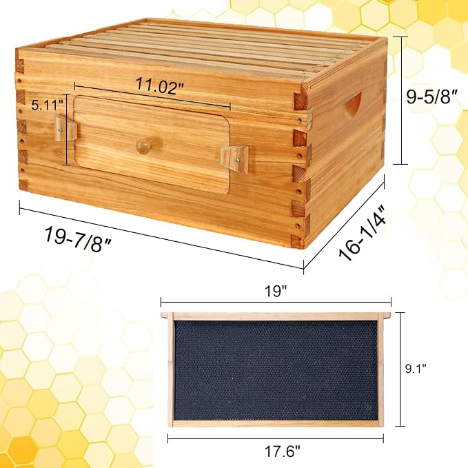 BeeCastle 10 Frame Deep Bee Hive Box, Langstroth Beehive Boxes Dipped in 100% Natural Beeswax with Window, Beehive Frames and Beeswaxed Foundations (Unassembled)