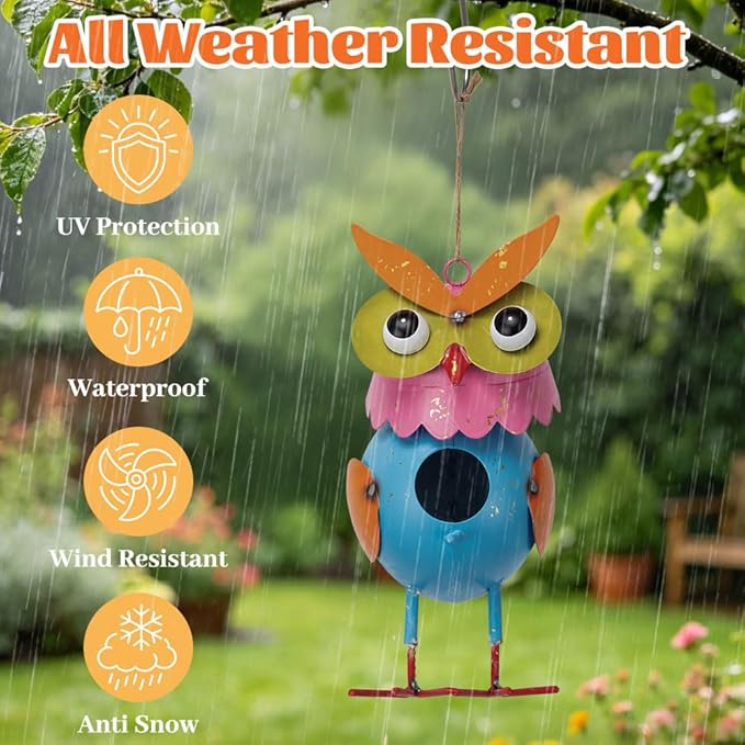 Metal Owl Garden Statues Yard Art Animal Figurines Hanging Birdhouse Outdoor Decor Lawn Ornaments Decorative Bird House for Outside