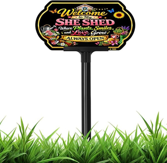 Welcome to My She Shed Garden Sign with Adjustable Stake, 10x5 Inch Aluminum Outdoor Yard Sign, Adjustable 24" & 37" Height, Weatherproof Outdoor Garden Decor for Outside, Gardening Gifts for Women