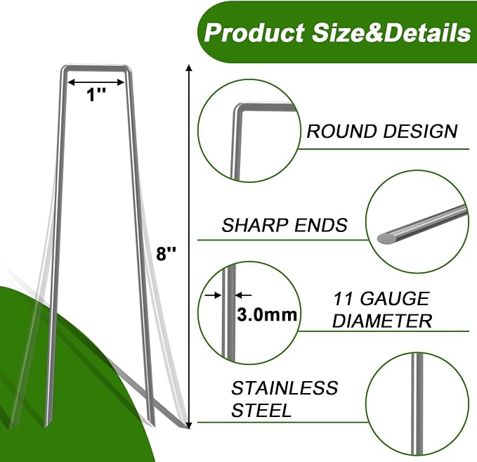 AAGUT Landscape Staples 8 Inch 11 Gauge Garden Staples 50 Pack, Galvanized Heavy Duty U-Shaped Sod Pins,Yard Ground Lawn Fence Stakes for Weed Barrier Fabric Irrigation Tubing