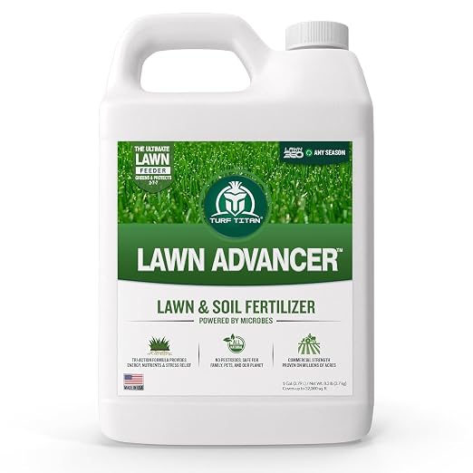 Turf Titan Lawn Advancer – Green Lawn Booster and Lawn Fertilizer (1 Gallon) – Fast Acting Grass Fertilizer w/Tri-Action Formula – Fertilizer Concentrate for Grass Growth - Covers up to 24,000 Sq Ft