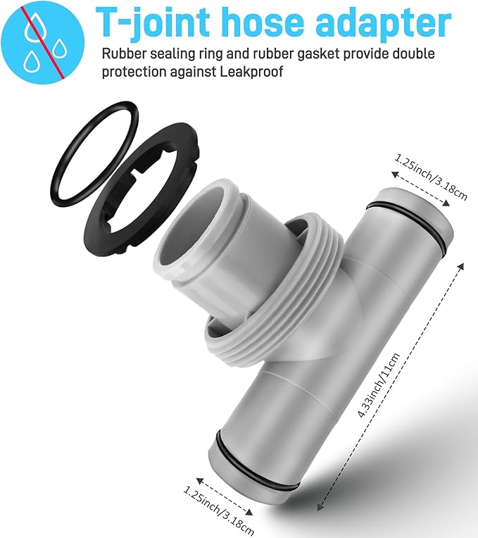 Pool Hose Connector for Leak-Proof Dual Seal and Stable Water Flow, 1.5" to 1.25" T-Joint Pool Hose Adapter for Pool Parts and Accessories Replacement, Easy No-Tool Install for Above Ground Pools