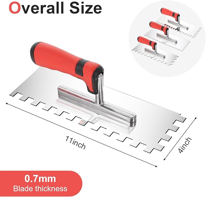 3 Pieces Tile Tools Stainless Steel Square Notched Trowel Set (Notch Size: 5/32" & 5/16" & 1/2") Masonry Hand Kit for Wall Floor Tiling Installation, Concrete Tile Trowel Set