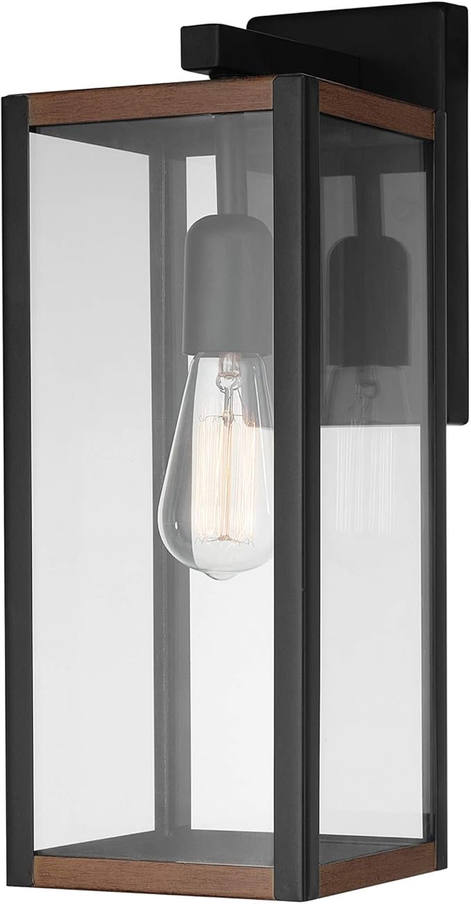 Globe Electric 44681 1-Light Outdoor Indoor Wall Sconce, Matte Black, Faux Wood Accents, Clear Glass Shade, Back Porch Lights, Front Patio, Garage Fixture, Exterior Lighting for House