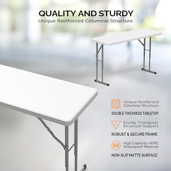 VINGLI 4 FT Narrow Folding Table,Premium Quality HDPE Material and Sturdy Metal Frame, Perfect for Buffet, Seminar, Party, Training, Home Work, White