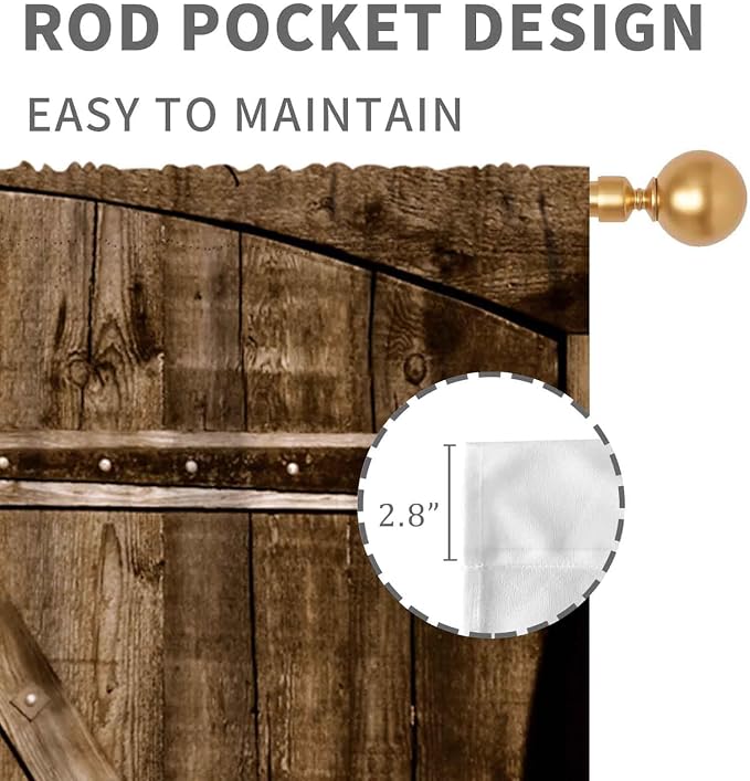 Rustic Barn Door Curtains, Farmhouse Wooden Barnwood Brown Garage Gate Cottage Country Western Style Window Treatments Drapes for Bedroom Living Room Kitchen 2 Panels, 63"x63" Inch