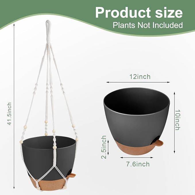 Vanslogreen 41.5 Inch Macrame Plant Hanger Indoor Outdoor with 12 Inch Flower Pot, Hanging Planter for Plants Holder with Wood Beads for Boho Home Decor (Ivory+Black)