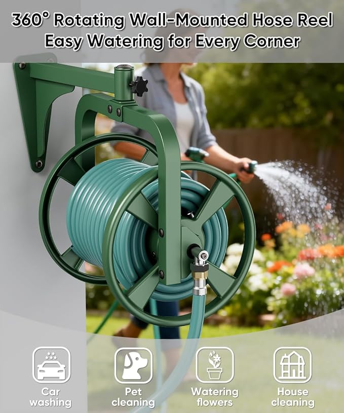 Artigarden Rotating 360° Garden Hose Reel, Wall Mounted Hose Reel Holder Holds 165ft of 5/8'' Hose, Outdoor Heavy Duty Metal Water Hose Organizer Storage Rack with 3.9ft Leader Hose for Outside, Green