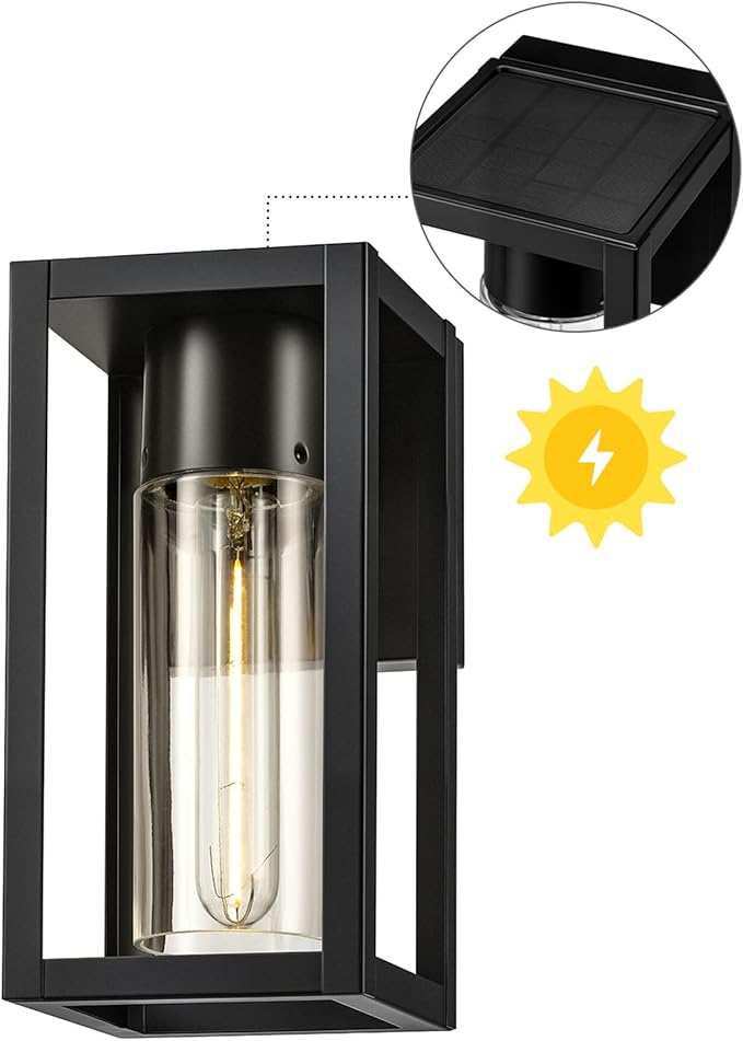 Globe Electric 60000167 1W LED Integrated Solar Powered Outdoor Wall Sconce, Matte Black, Integrated Solar Panel, Clear Glass Shade, 100 Lumens, 3000 Kelvin, 90 CRI