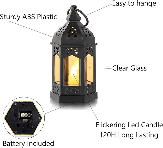 Mini Lantern with Flickering LED Candles Set of 20, Hewory Black Vintage Decorative Hanging Candle Lanterns for Halloween, Christmas, Wedding Decorations, Party, Table Centerpiece, Battery Included