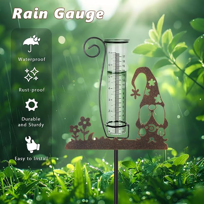 Rain Gauge Outdoor, Gnome Rain Gauges for Yard, Freeze Proof Rain Gauge with 7" Glass Tube, Metal Decorative Garden Stake for Measuring Precipitation