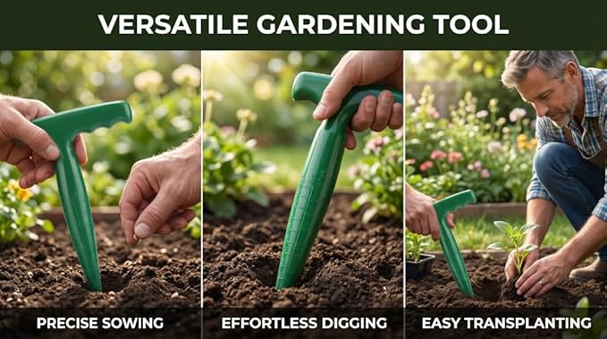 Seed Planter Tool, 6.9 Inch Green Plastic Dibber for Sowing Seeds, Planting Bulbs, Digging with Handle