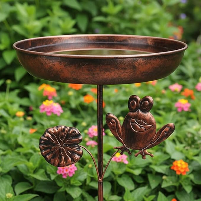 dreamysoul Bird Baths for Outside, 12 Inches Dia Bird Bath Feeder Bowl with Frog Decor, Freestanding Metal Birdbath for Outdoors Garden Patio Yard Lawn