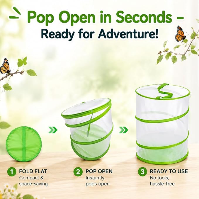 Butterfly Habitat Mesh Cage，12" x 14" Pop-up Breathable Insect Bug Net Butterflies Cage Tall (Green)